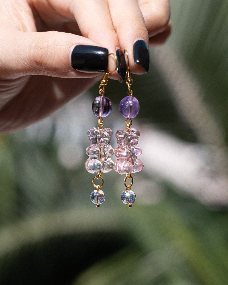 Lucky Bear Gold Earrings - Amethyst Crystal